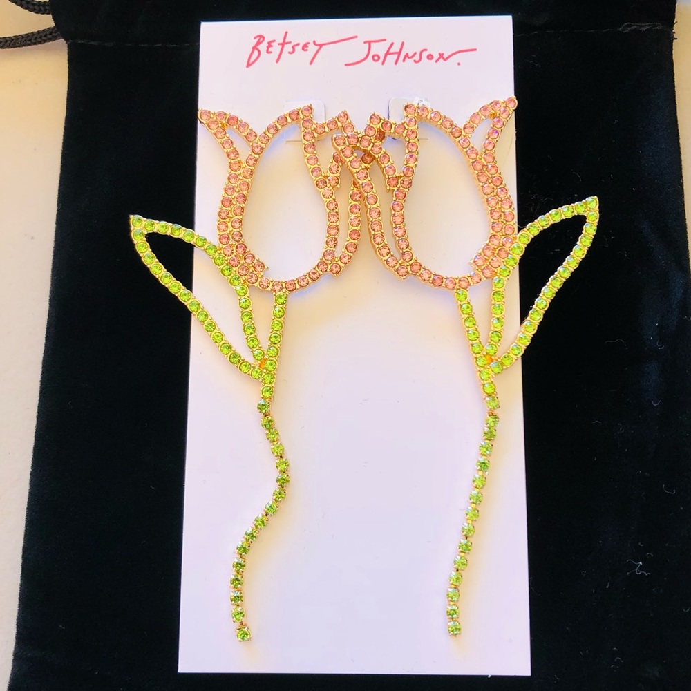 Authentic Betsey Johnson Earrings - Spring, Rhinestone Tulips, Pink, Green, NWT